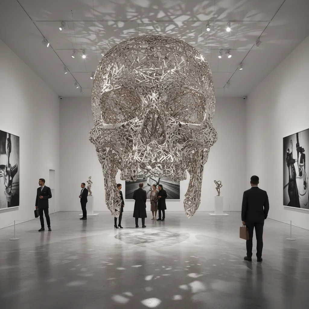 Contemporary art gallery displaying large skull sculpture installation