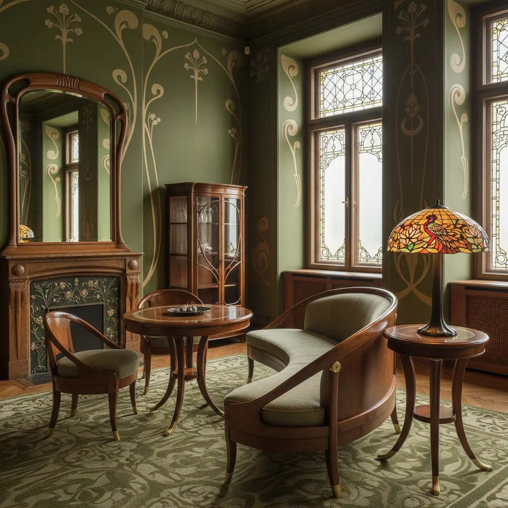 Interior con paleta de colores verde oliva y madera típica del Art Nouveau