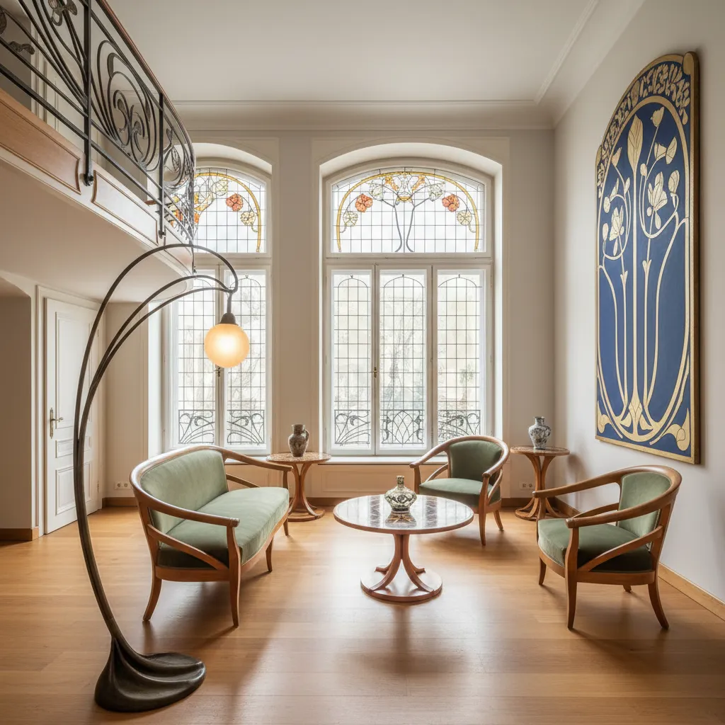 Salón Art Nouveau equilibrado con pocas piezas decorativas destacadas
