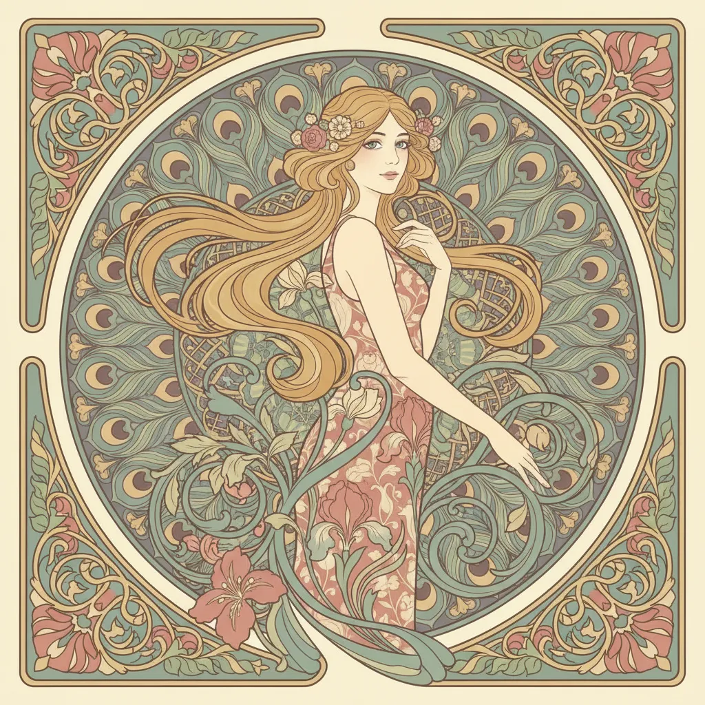Digital illustration inspired by Art Nouveau with flowing botanical curves and elegant line work