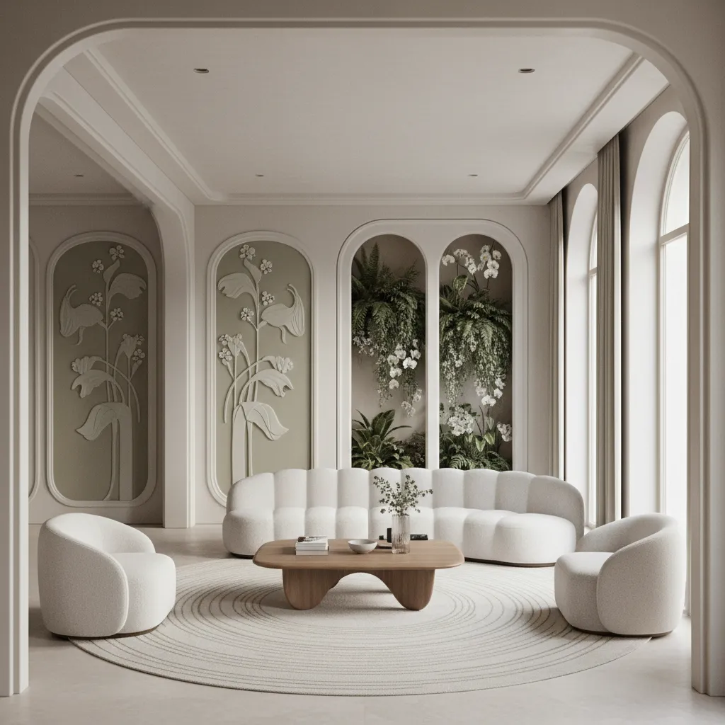 Modern living room inspired by Art Nouveau with curved lines and organic shapes