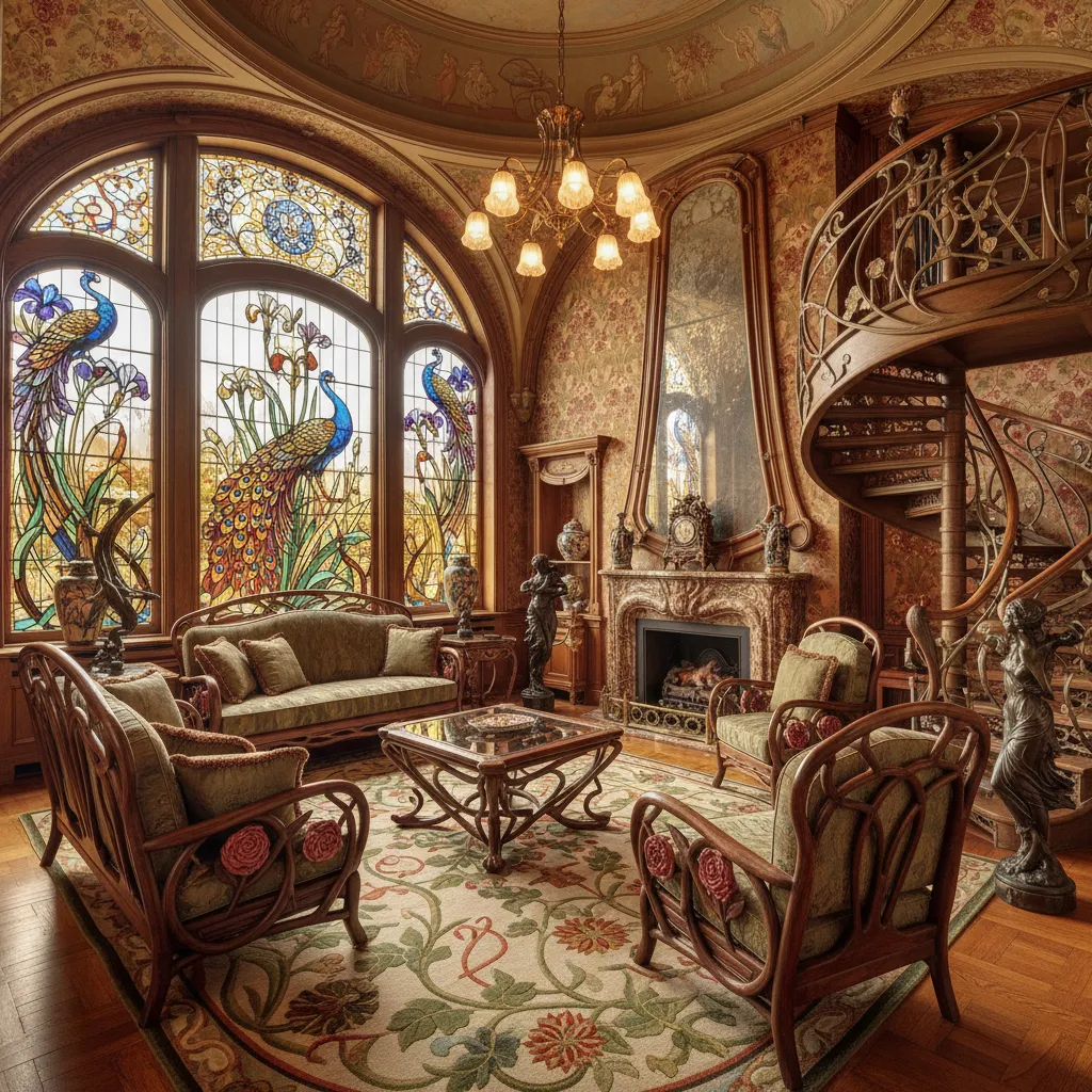 Classical living room with fireplace spiral staircase peacock windows ceiling light green sofas and rug