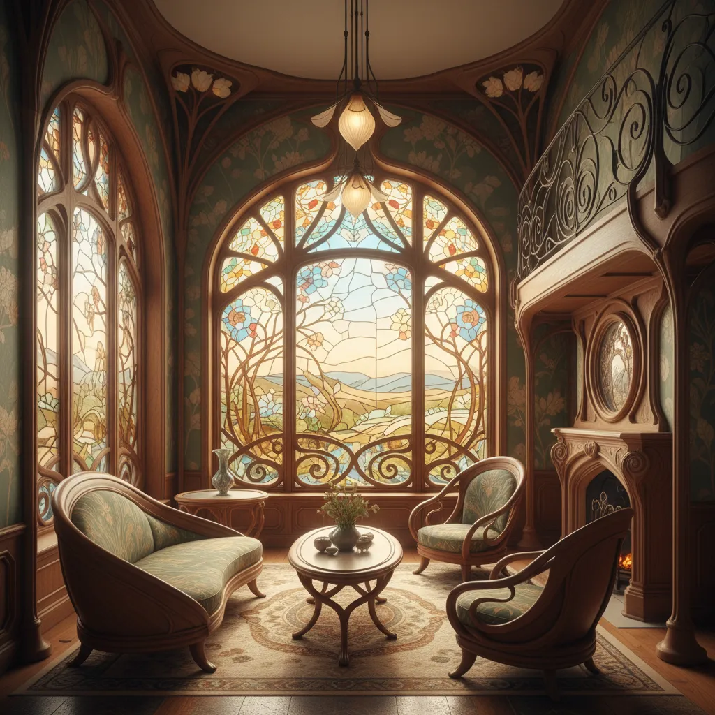 Art Nouveau inspired interior with flowing lines and botanical decorative patterns