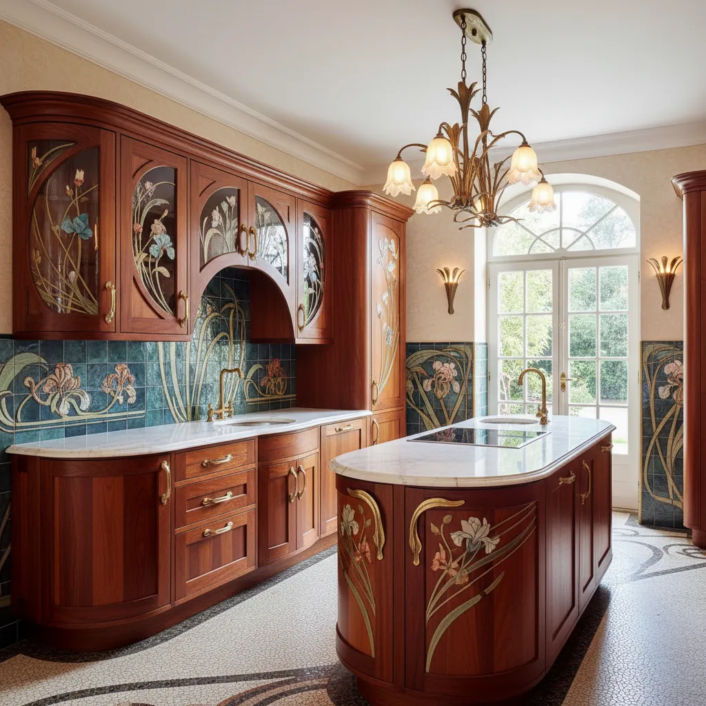 Elegant wooden kitchen cabinets with floral patterns featuring a white marble island and ceiling light