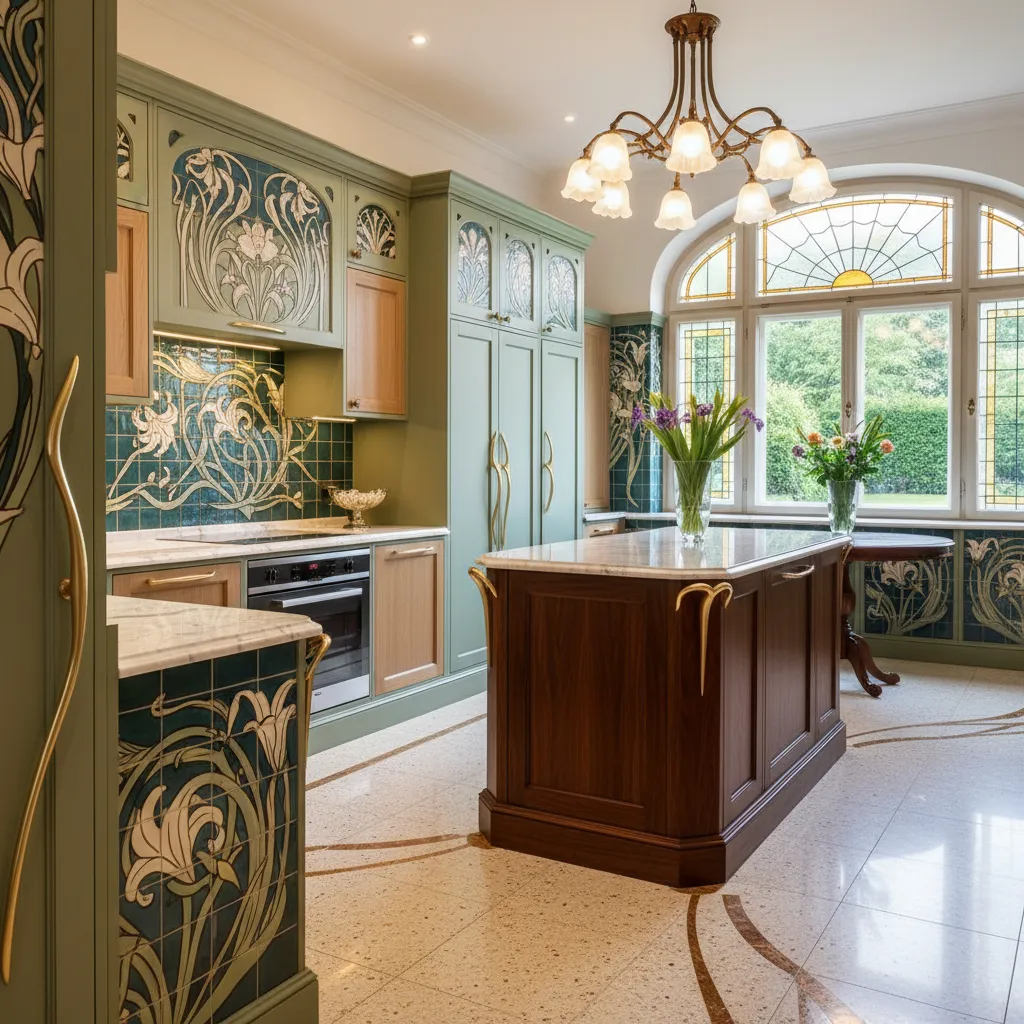 Cocina moderna con detalles inspirados en Art Nouveau