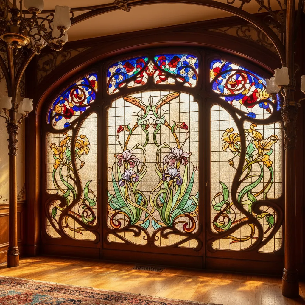 Large wooden arched window with colorful floral stained glass patterns on a polished wood floor
