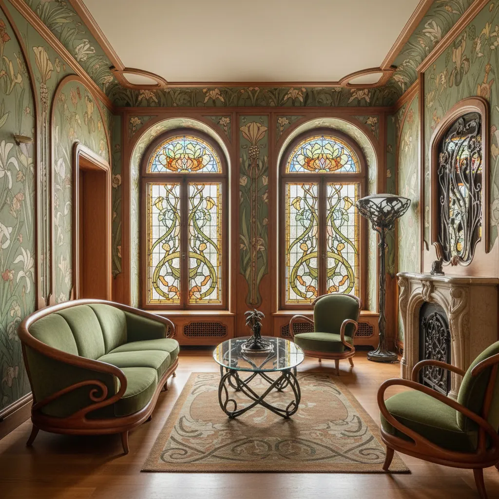 Art Nouveau interior with flowing curves and botanical decorations