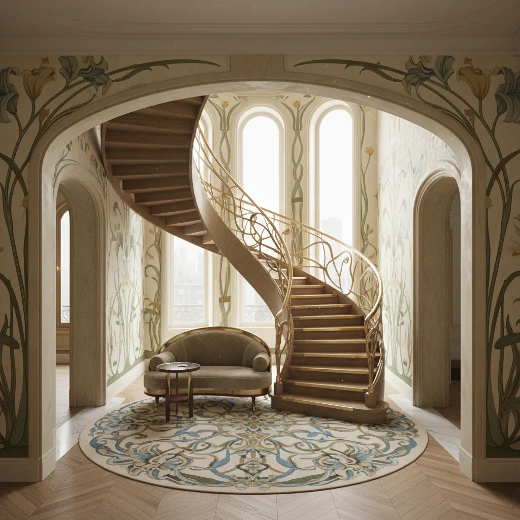 Art Nouveau interior with flowing curved lines inspired by plant forms