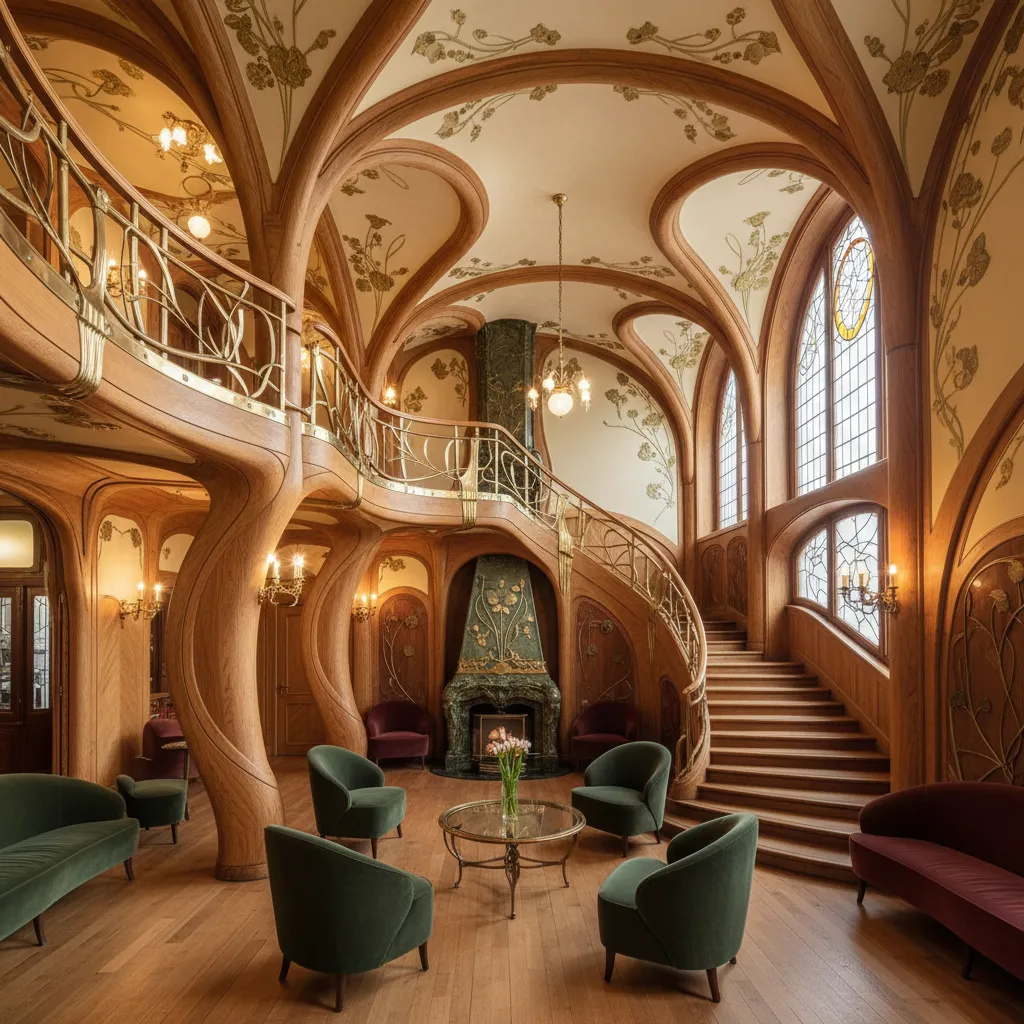 Interior Art Nouveau con líneas curvas y decoración inspirada en plantas