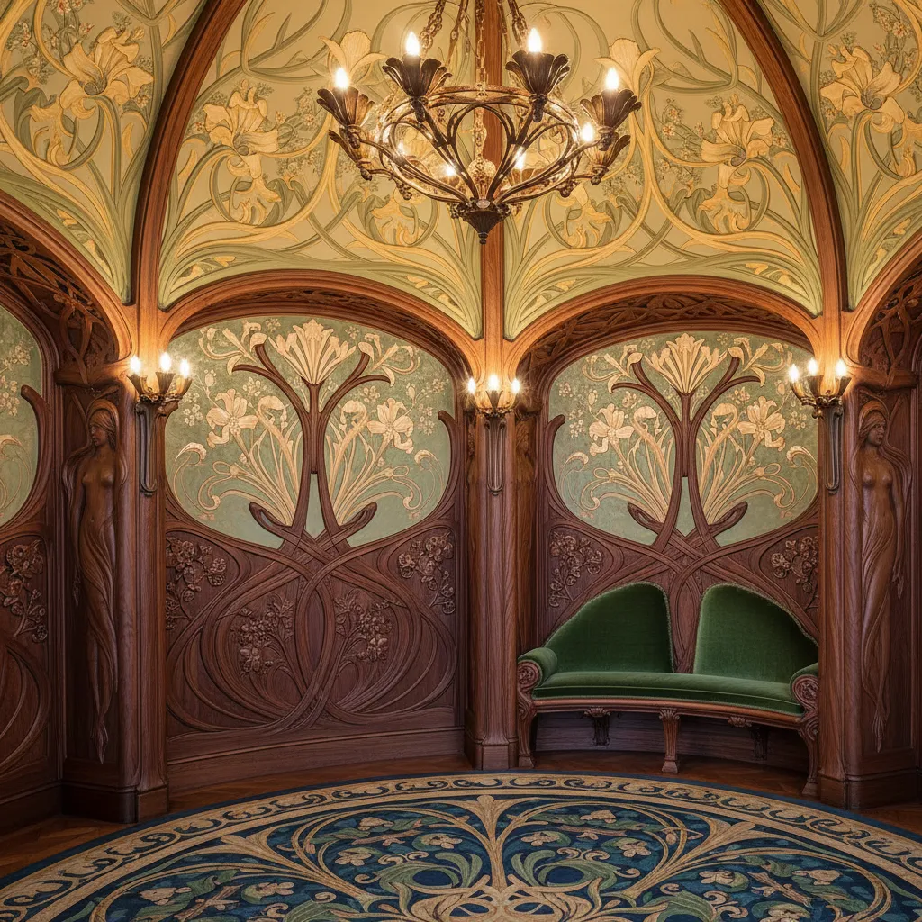 Ornate wood wall panel room with green sofa ceiling light floral designs and patterned rug