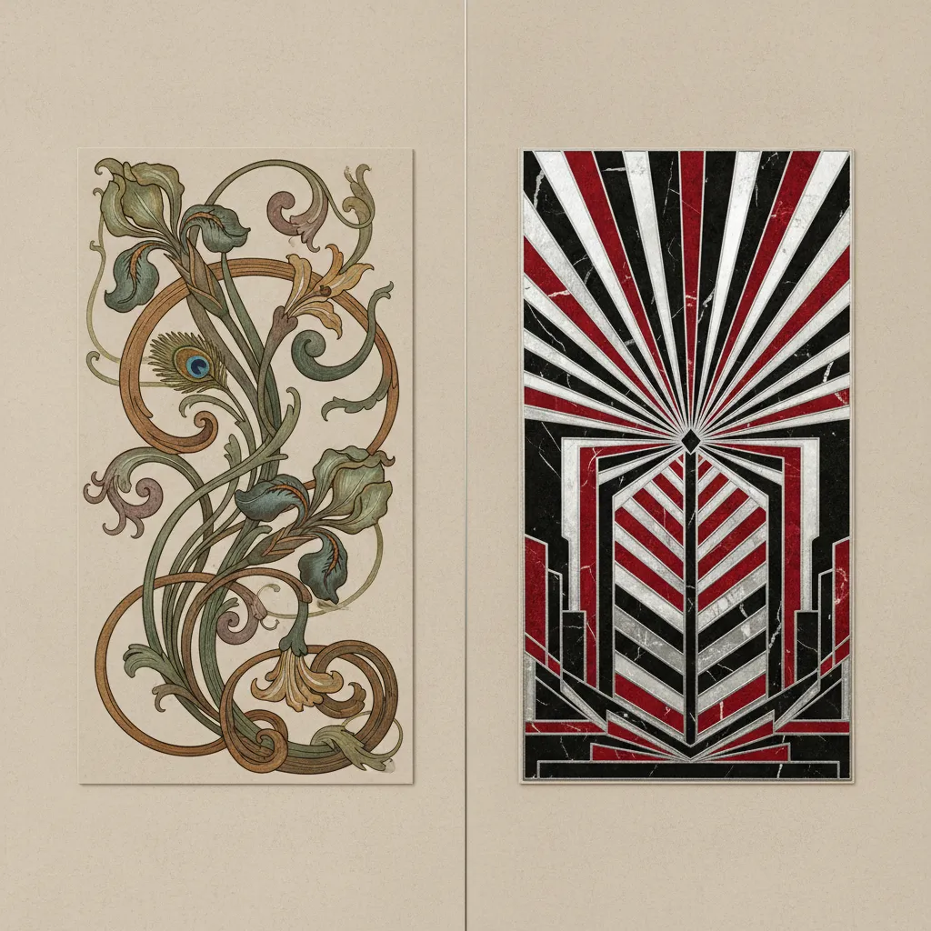 comparison of organic Art Nouveau patterns and geometric Art Deco patterns
