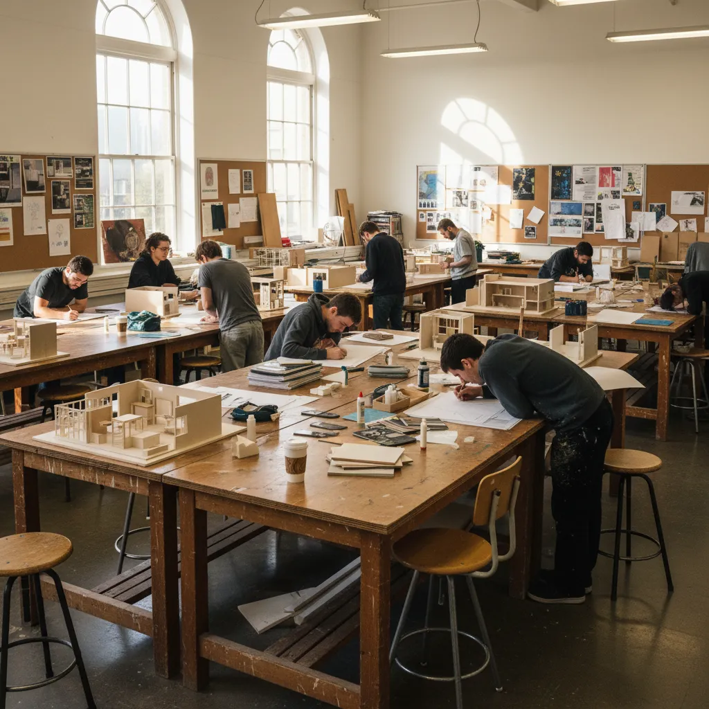 Interior design students building physical room models on large wooden tables in a bright classroom