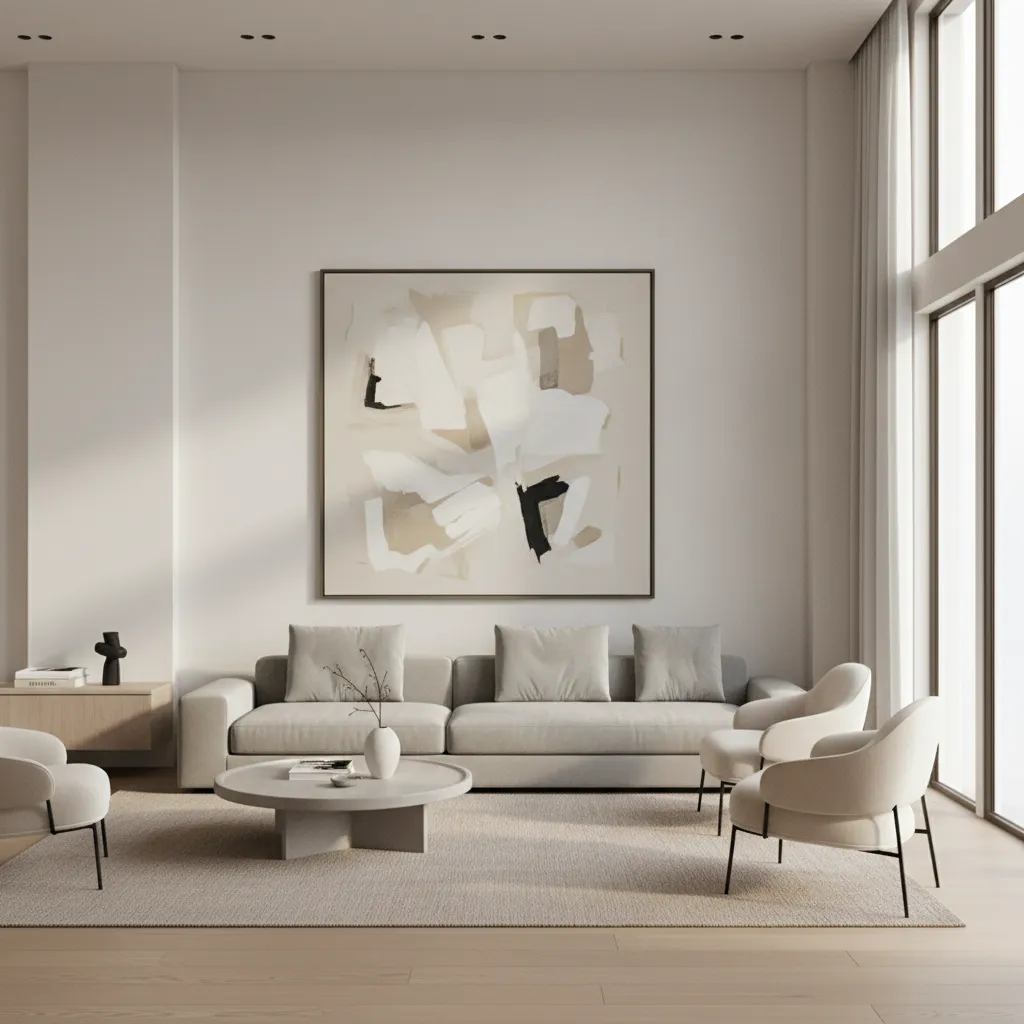 Proportion example showing artwork width relative to sofa on tall wall