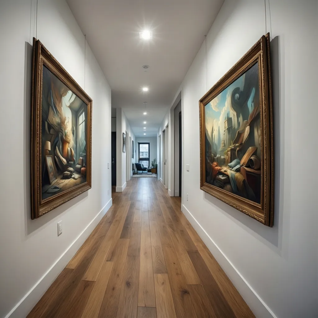 Two large framed artworks evenly spaced along a bright modern hallway wall