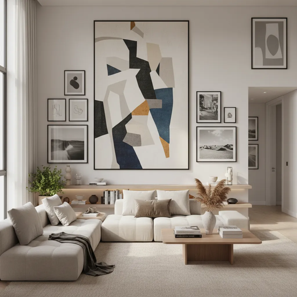 Salón con obra de arte grande como punto focal