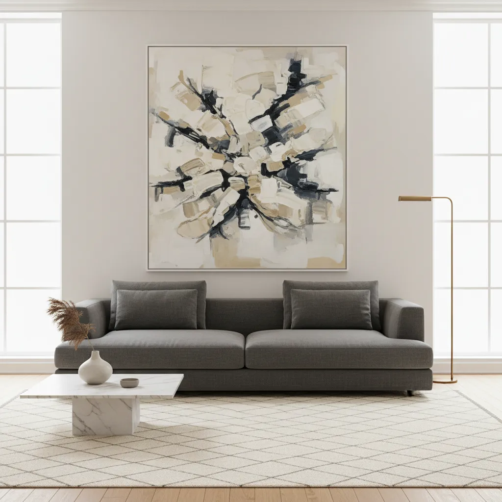 Modern living room with large abstract painting above dark grey sofa and white marble coffee table