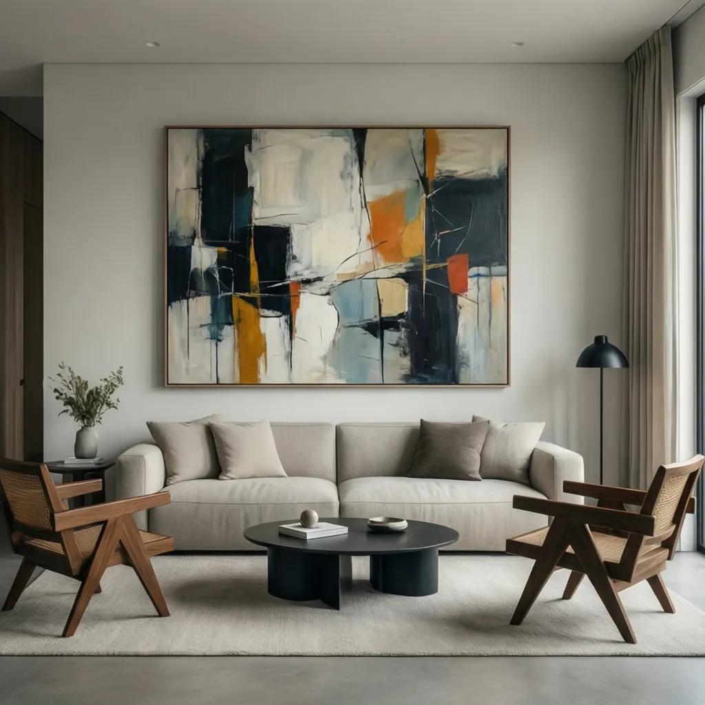 Gran cuadro moderno sobre un sofá en una sala minimalista