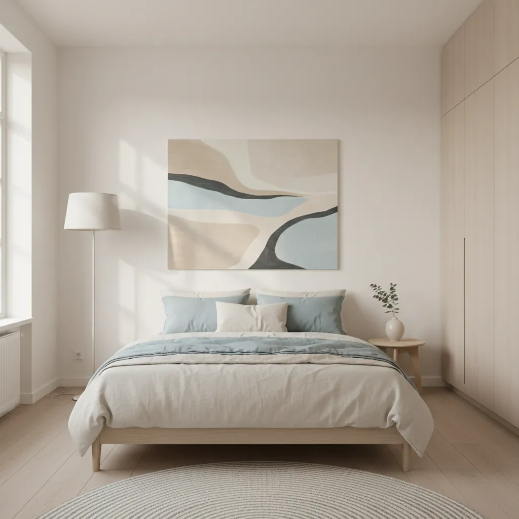 Bright bedroom with blue abstract art over bed wooden floor and a round area rug
