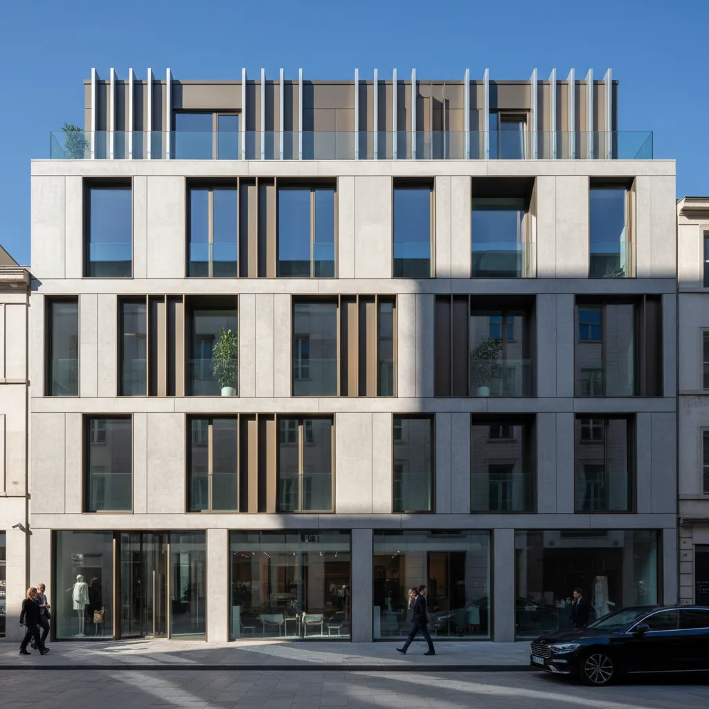 modern cubic building facade with recessed windows and balconies
