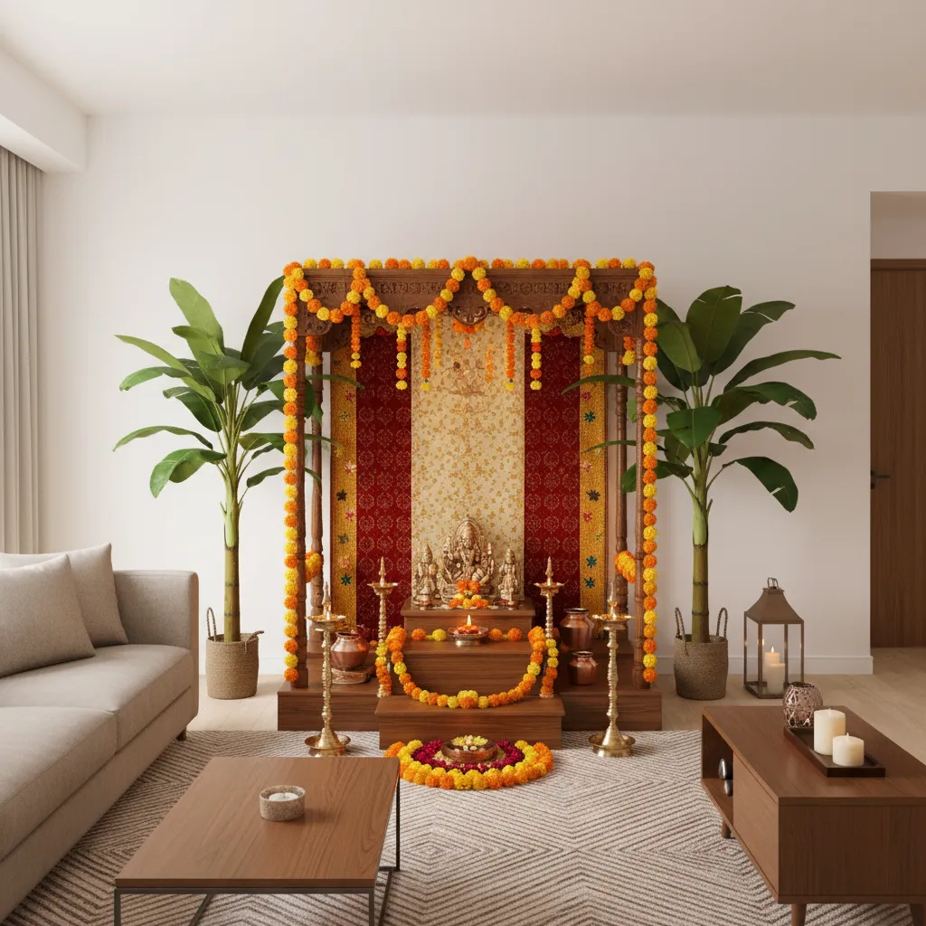 Artificial banana trees used in indoor pooja decoration