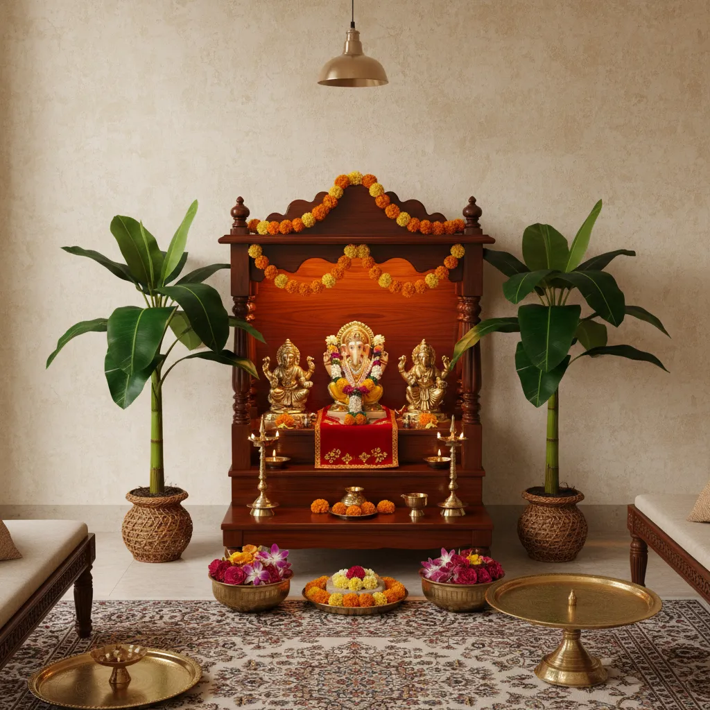 Artificial banana trees placed beside a small home pooja altar