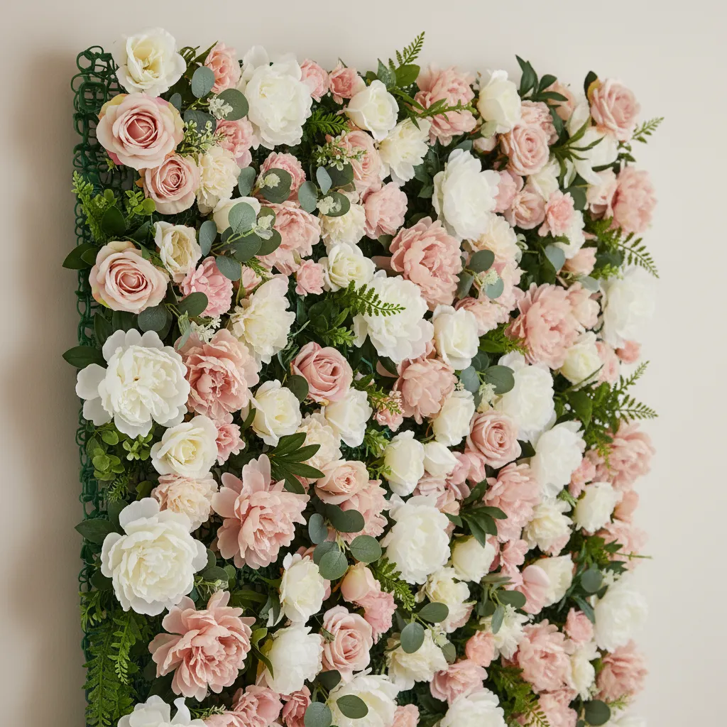 Cluster layout of artificial flowers and greenery on a wall panel