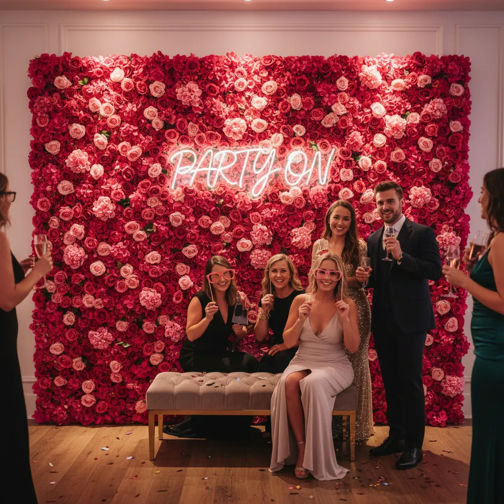 Artificial flower wall photo booth with neon sign and layered flowers