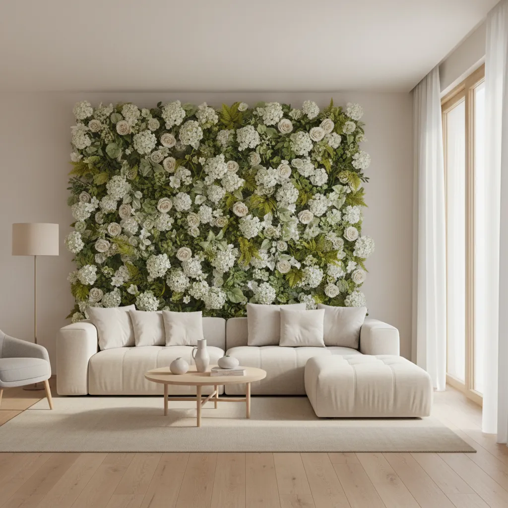 Artificial flower wall decor installed in a stylish living room