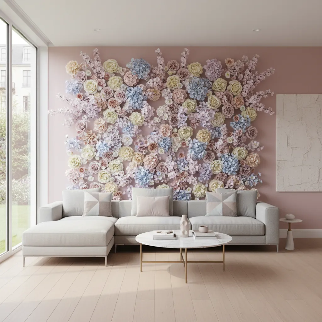 Artificial flower wall decor installed in a modern living room