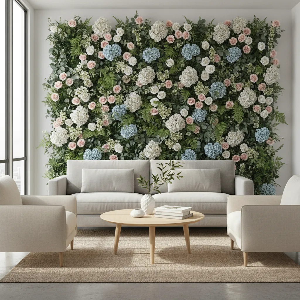 Artificial flower wall decoration behind a sofa in a small living room