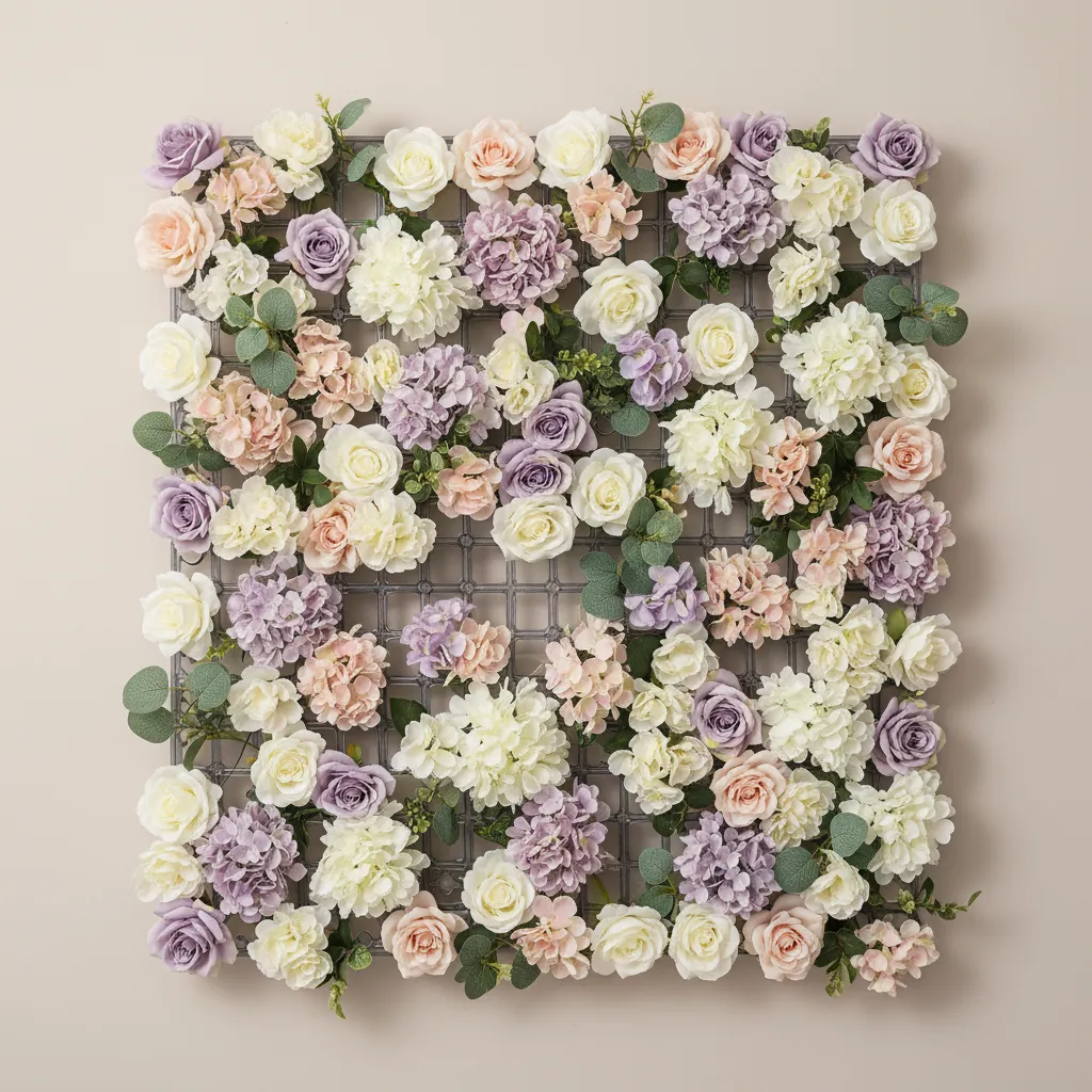 Close view of artificial flower wall panel structure and materials
