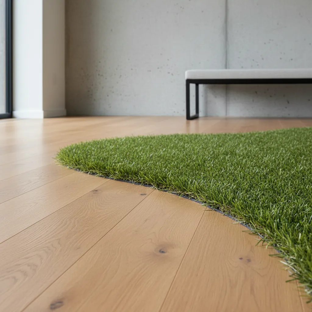 Detalle de césped artificial integrado en un interior moderno