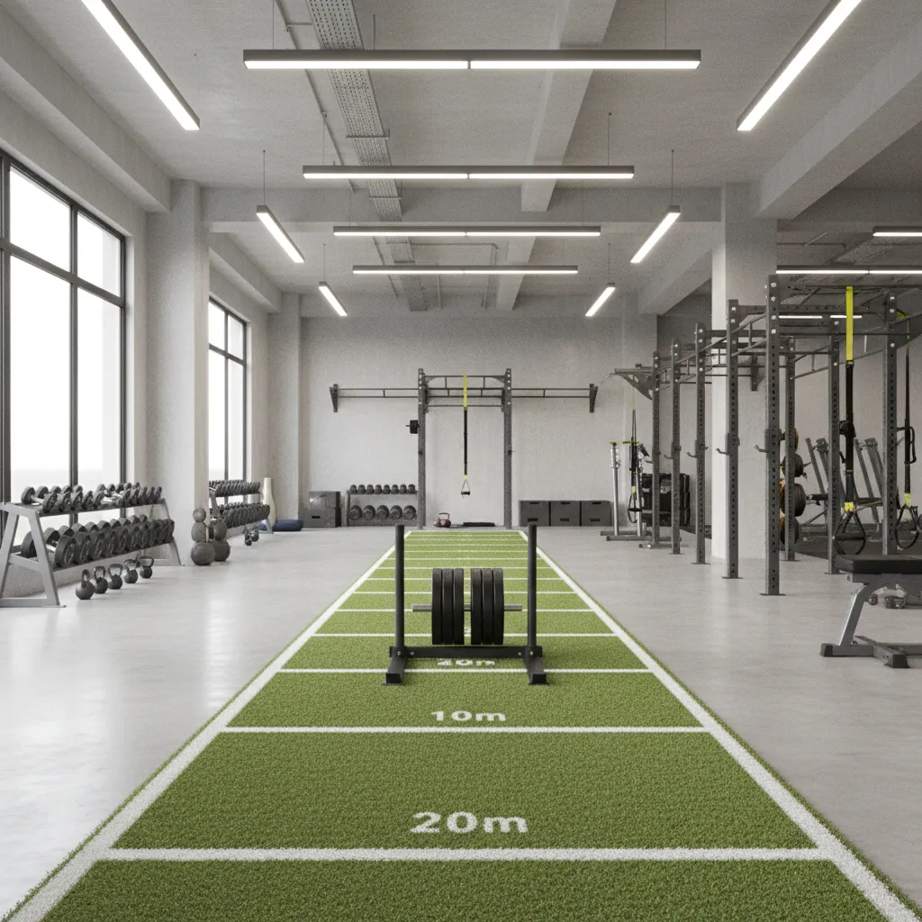 indoor gym artificial turf lane used for sled training