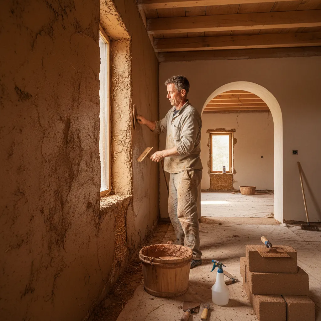 Artesano aplicando acabado de adobe en una pared interior