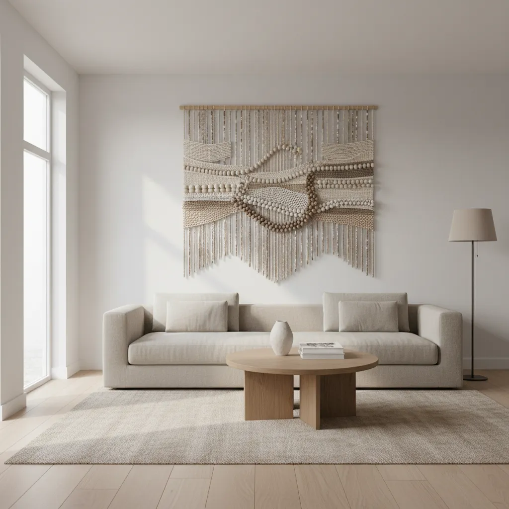 Handmade beaded wall decor hanging in a bright modern living room