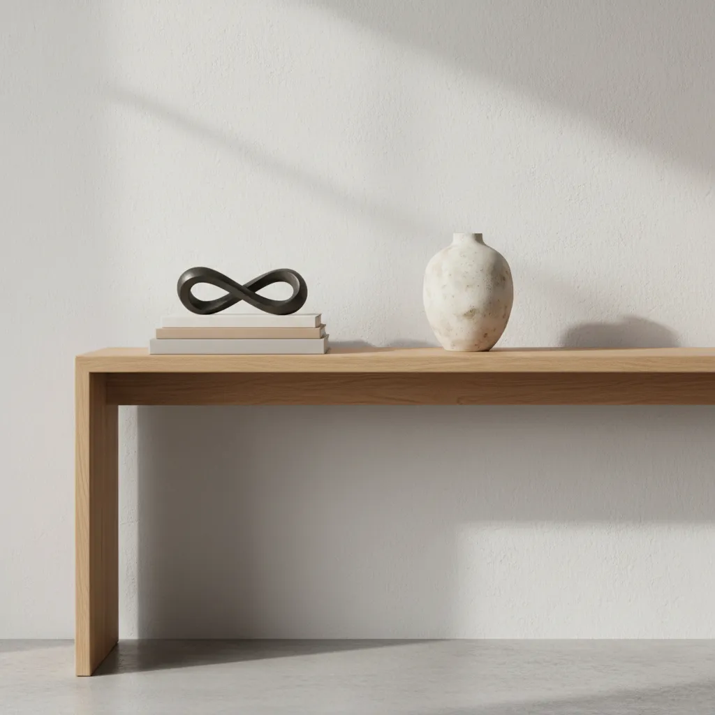 Boutique decor vignette with ceramic vase, books and sculptural object on a modern console table