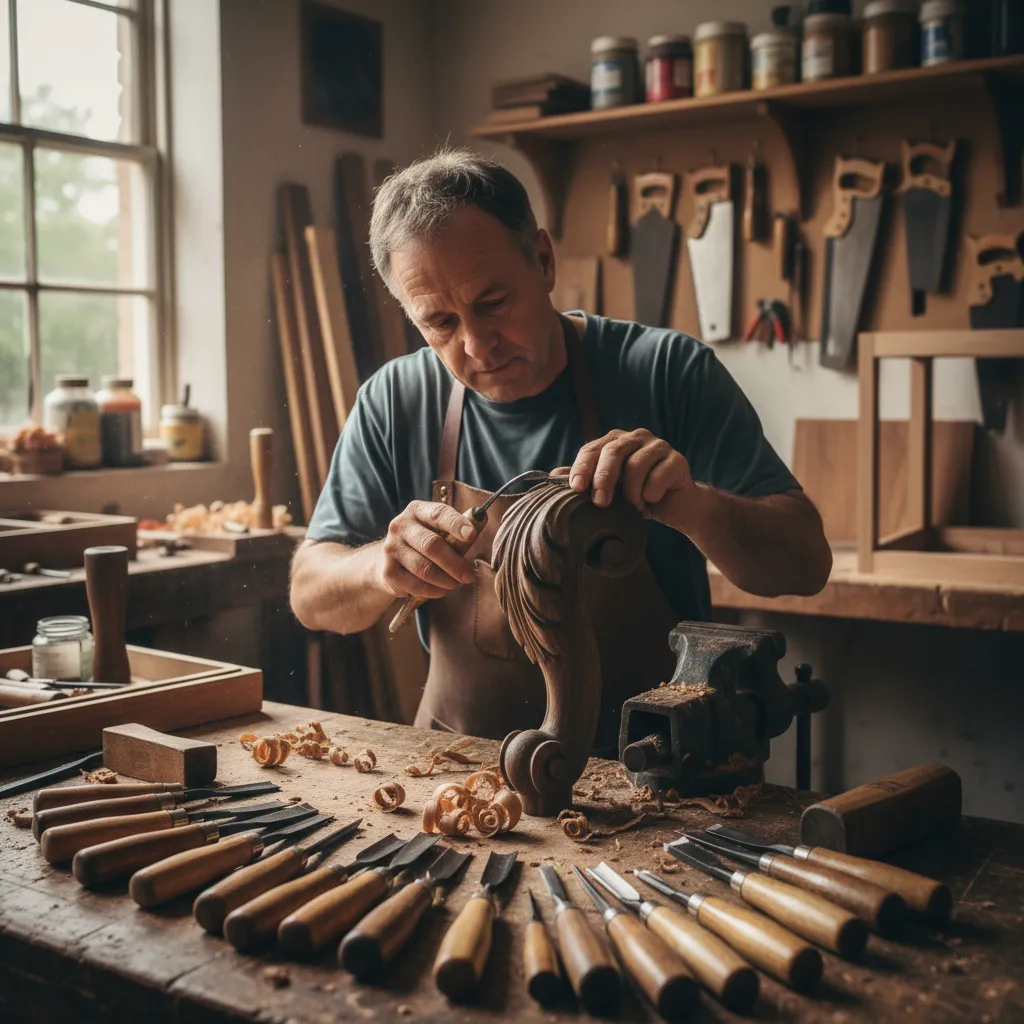 Craftsman carving rococo style decorative furniture detail in woodworking workshop