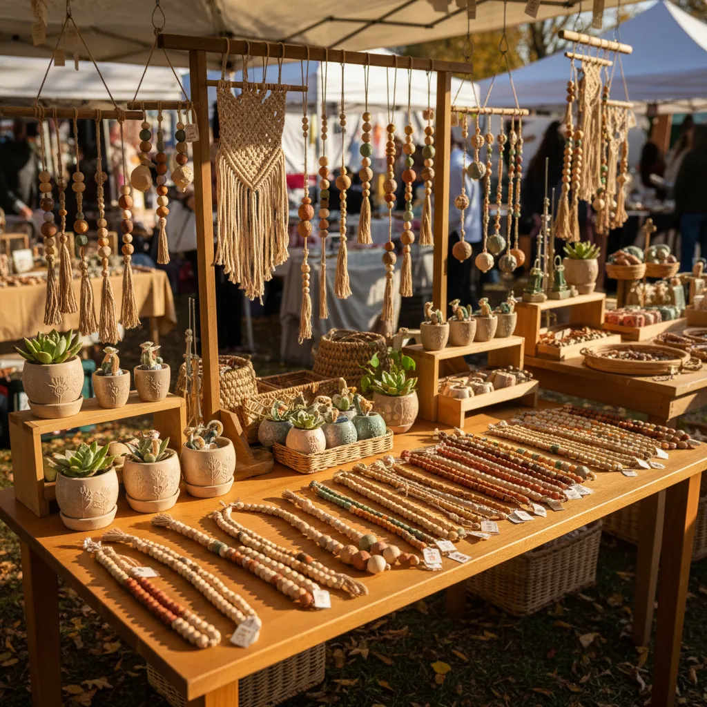 Handmade beaded decor items displayed at an artisan craft market stall