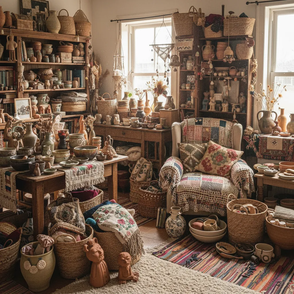 Cozy room filled with ceramic pots woven baskets patchwork armchair wooden shelves and unique handmade crafts