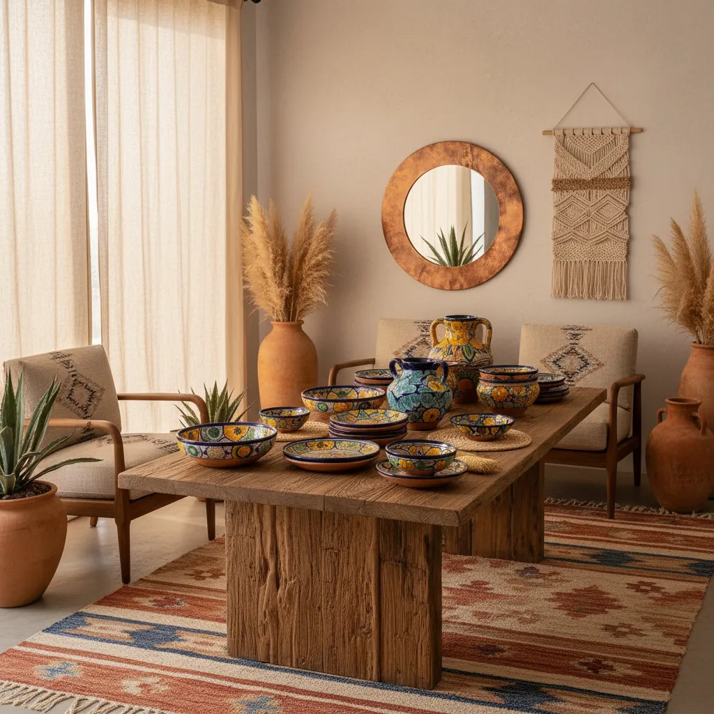 Mexican style dining room with wooden table colorful pottery pattern rug and woven wall decor