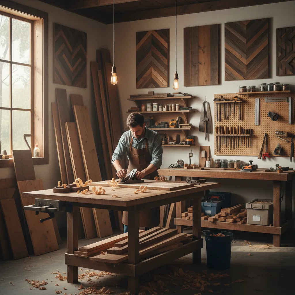 Local artisan workshop crafting reclaimed wood rustic wall decor