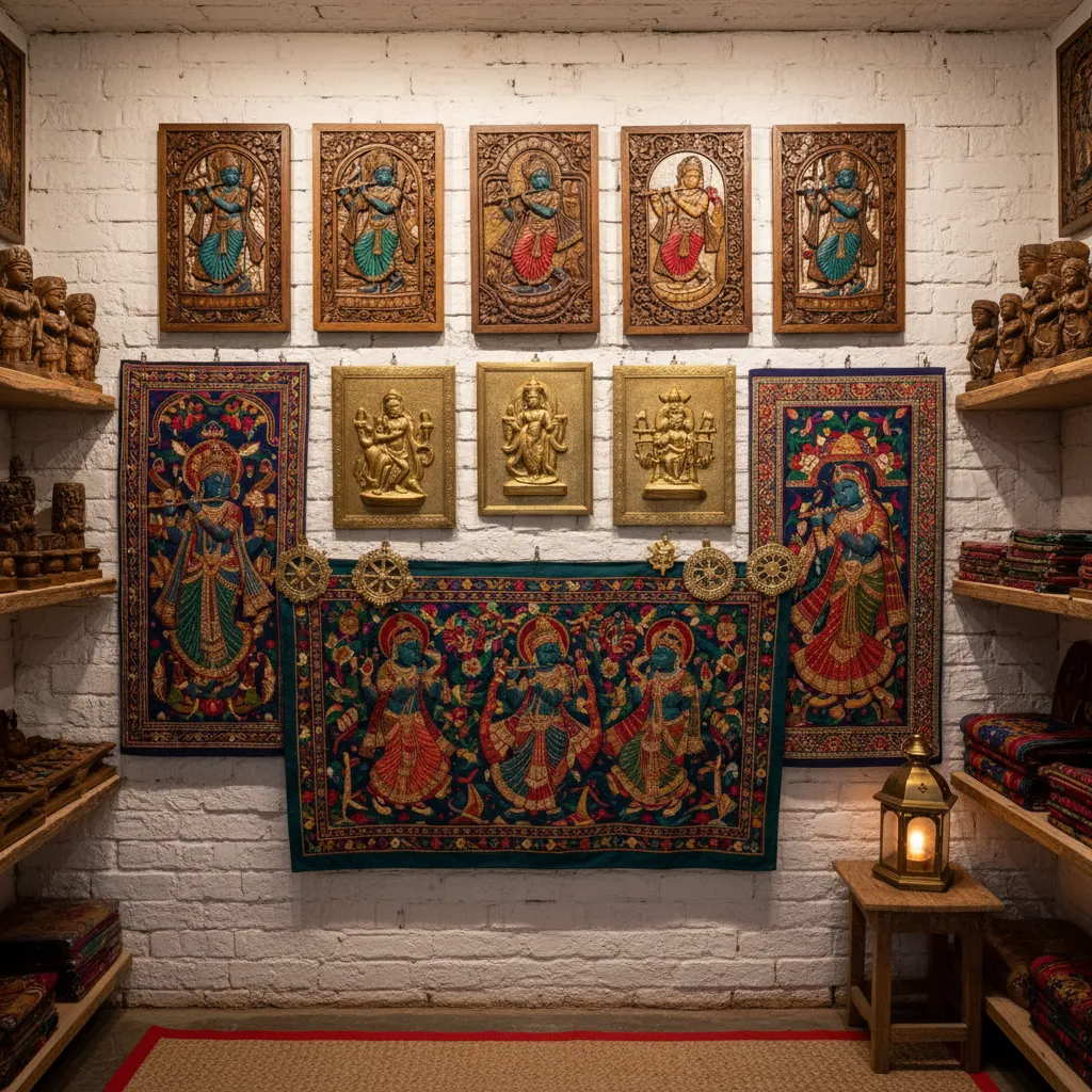 White brick wall decorated with traditional wooden panels colorful wall hangings wooden shelves and lantern