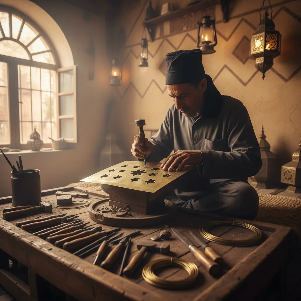 artisan hand piercing metal sheet for Moroccan lantern