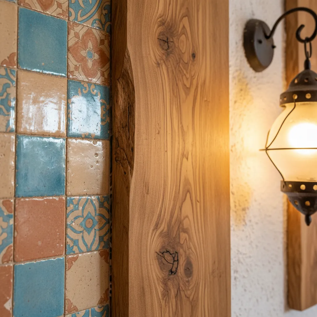 Patterned wall tiles next to a natural wood panel and a glowing wall light fixture