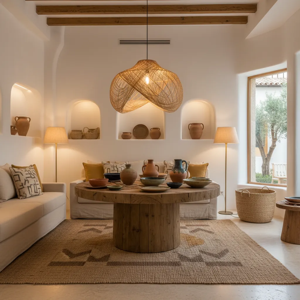 Rustic living room with round wood table and pottery under a large woven ceiling light