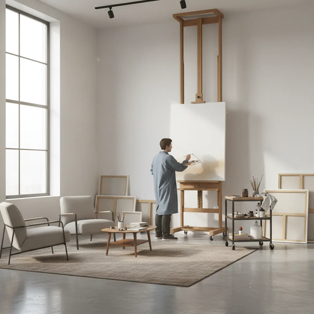 Artist painting on a canvas mounted on a wall easel in a professional studio
