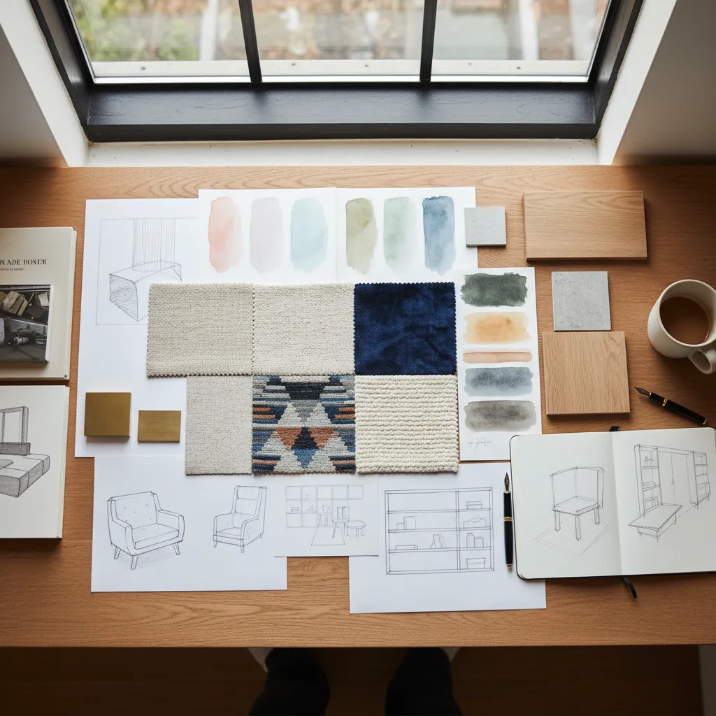 Tablero de inspiración con colores, materiales y bocetos de interiorismo