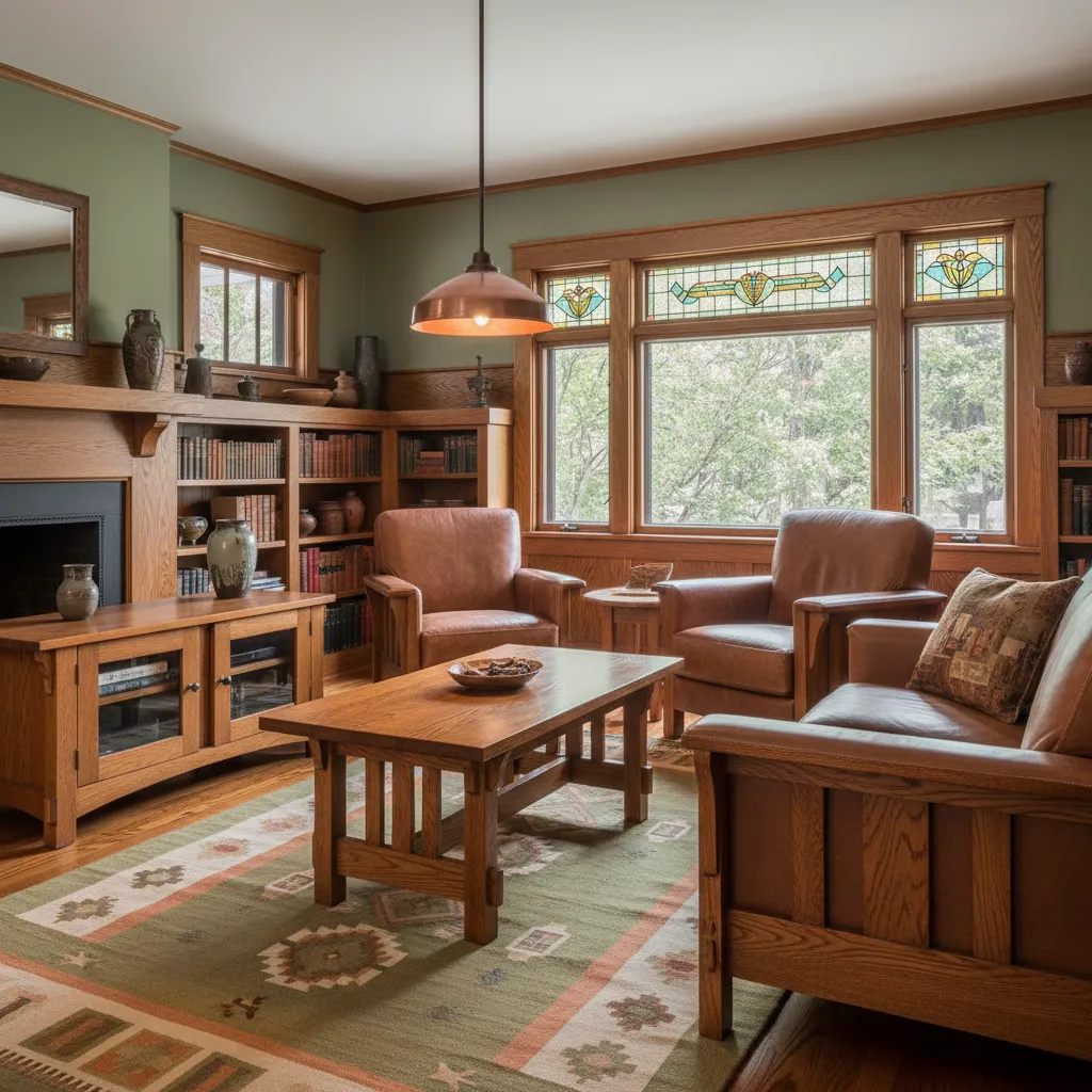 Mission style furniture inside a restored 1910s craftsman room