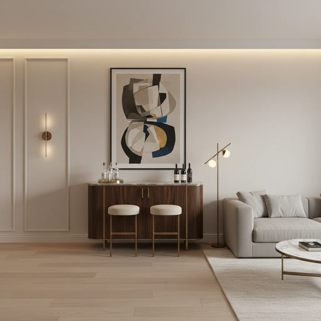 Large framed artwork above a modern mini bar cabinet