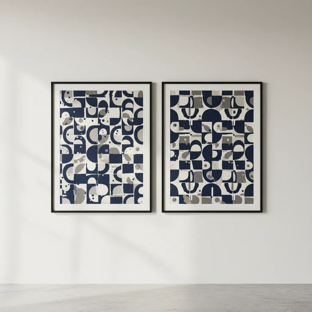 Close view of two paintings showing shared accent colors